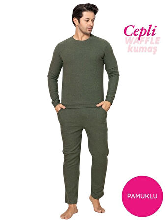 Erkek Bisiklet Yaka Düğmesiz Kışlık Waffle Pamuklu Kumaş Uzun Manşetli Kol Cepli Pijama Takımı 