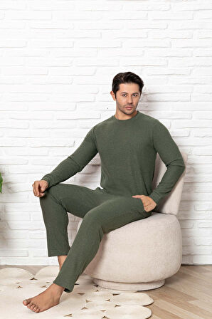 Erkek Bisiklet Yaka Düğmesiz Kışlık Waffle Pamuklu Kumaş Uzun Manşetli Kol Cepli Pijama Takımı 