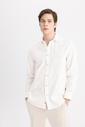 DeFacto Regular Fit Polo Yaka Uzun Kollu Pamuklu Keten Görünümlü Beyaz Gömlek B4129AX24SPWT32