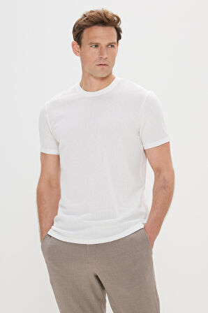 Slim Fit Dar Kesim %100 Pamuk Armürlü Bisiklet Yaka Tişört