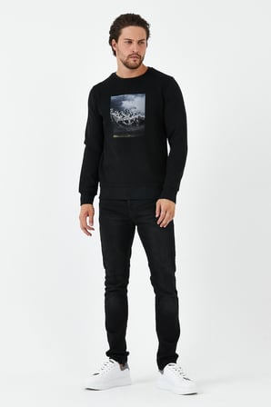 Erkek Kışlık Baskılı Bisiklet Yaka Lacivert Sweatshirt