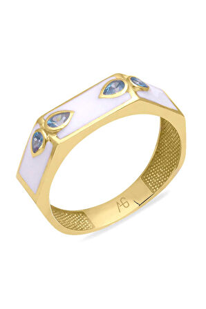 Sarı Altın Beyaz Mineli Aqua Damla Taşlı Altın Yüzük