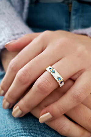 Sarı Altın Beyaz Mineli Aqua Damla Taşlı Altın Yüzük