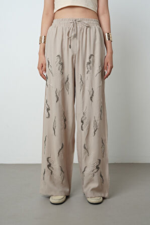 Kadın Önü Taş İşlemeli Düz Renk Beli Lastikli Bol Paça Pantolon