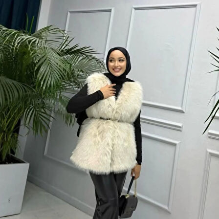 Kadın Astarlı Kemerli Rahat Kalıp Kürk Krem Yelek