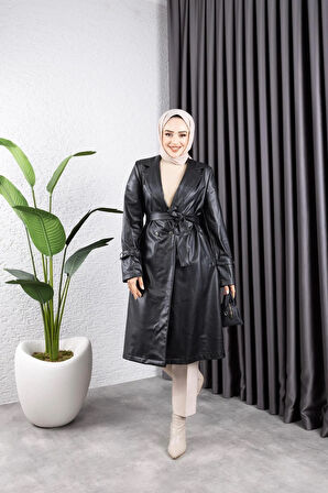 Kadın Deri Cepli Kuşaklı Trençkot