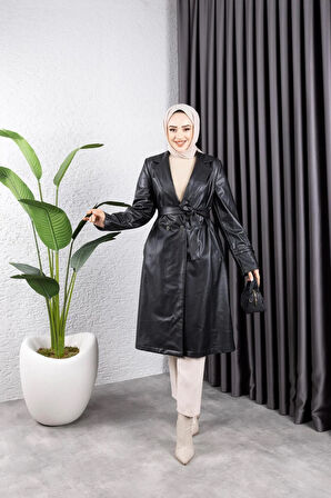 Kadın Deri Cepli Kuşaklı Trençkot