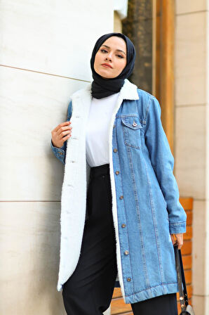 Kadın Cepli Düğmeli İçi Kürklü Uzun Kot Ceket