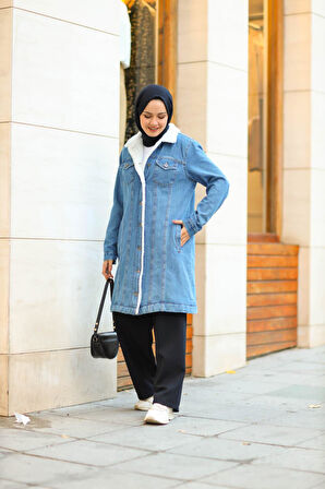 Kadın Cepli Düğmeli İçi Kürklü Uzun Kot Ceket