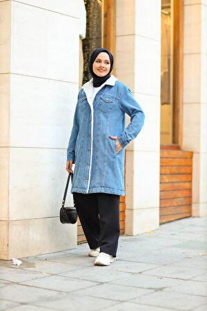 Kadın Cepli Düğmeli İçi Kürklü Uzun Kot Ceket