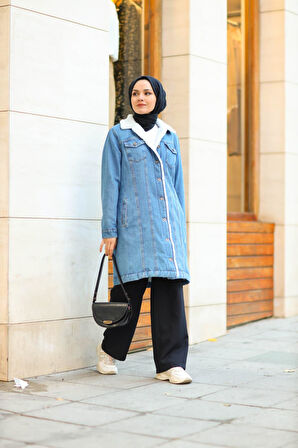 Kadın Cepli Düğmeli İçi Kürklü Uzun Kot Ceket