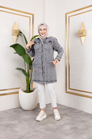 Kadın Cepli Düğmeli İçi Kürklü Uzun Gri Kot Ceket