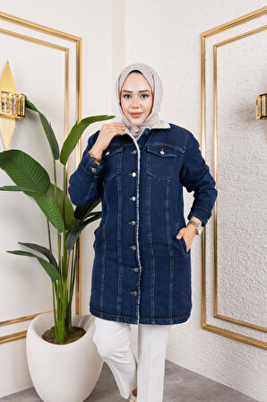 Kadın Cepli Düğmeli İçi Kürklü Uzun Lacivert Kot Ceket
