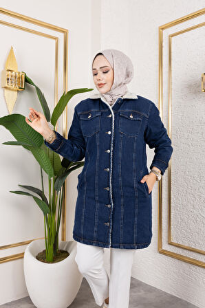 Kadın Cepli Düğmeli İçi Kürklü Uzun Lacivert Kot Ceket
