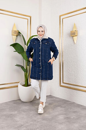 Kadın Cepli Düğmeli İçi Kürklü Uzun Lacivert Kot Ceket