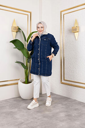 Kadın Cepli Düğmeli İçi Kürklü Uzun Lacivert Kot Ceket