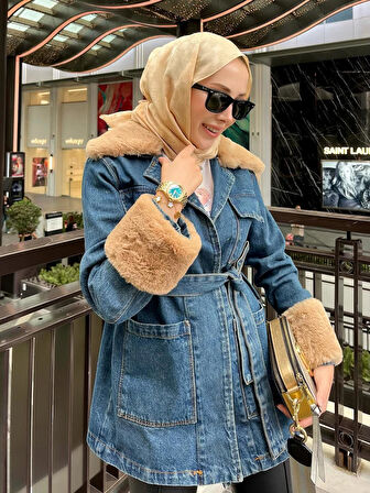 Kadın Kemerli Kürk Detaylı Kot Mavi Ceket