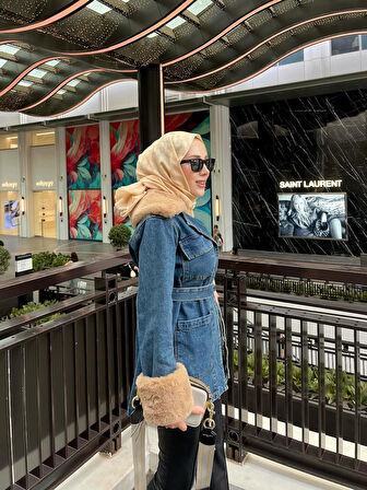 Kadın Kemerli Kürk Detaylı Kot Mavi Ceket