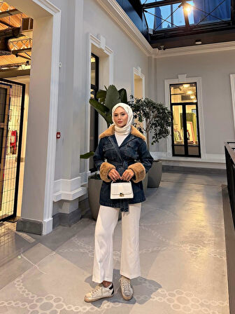 Kadın Kemerli Kürk Detaylı Koyu Kot Mavi Ceket