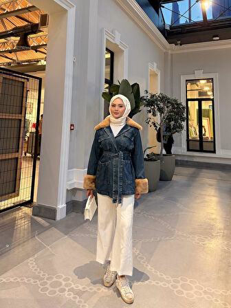 Kadın Kemerli Kürk Detaylı Koyu Kot Mavi Ceket