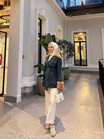 Kadın Kemerli Kürk Detaylı Koyu Kot Mavi Ceket