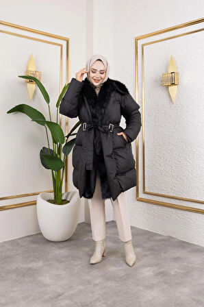 Kadın Kürk Detaylı Kemerli Siyah Şişme Mont