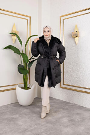 Kadın Kürk Detaylı Kemerli Siyah Şişme Mont