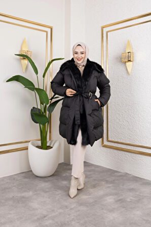 Kadın Kürk Detaylı Kemerli Siyah Şişme Mont