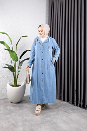 Kadın Cepli Düğmeli Kapüşonlu Denim Kot Trençkot