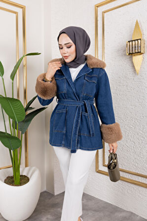 Kadın Kemerli Cepli Kürk Detaylı Koyu Kot Mavi Ceket
