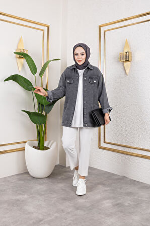 Kadın Cep Detaylı Denim Siyah Kot Ceket
