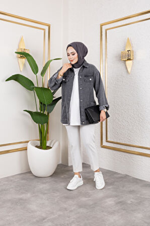 Kadın Cep Detaylı Denim Siyah Kot Ceket