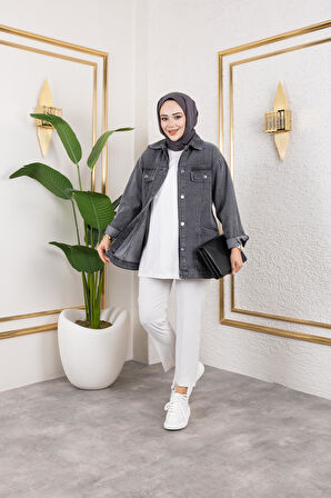 Kadın Cep Detaylı Denim Siyah Kot Ceket