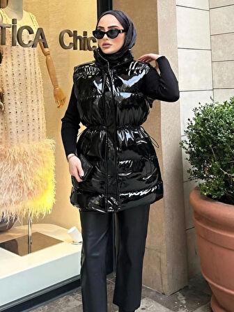 Kadın Fermuarlı Çıt Çıtlı Cepli Siyah Parlak Şişme Yelek