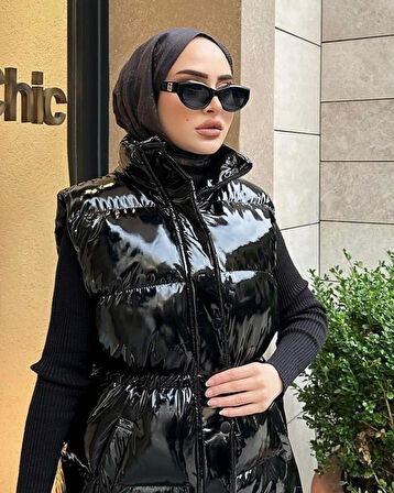 Kadın Fermuarlı Çıt Çıtlı Cepli Siyah Parlak Şişme Yelek