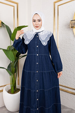 Kadın Düğmeli Dantel Yaka Lacivert Kot Elbise