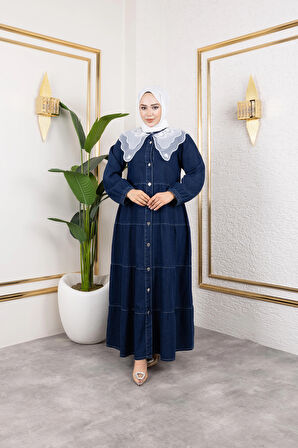 Kadın Düğmeli Dantel Yaka Lacivert Kot Elbise