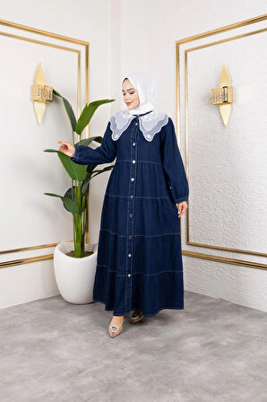 Kadın Düğmeli Dantel Yaka Lacivert Kot Elbise