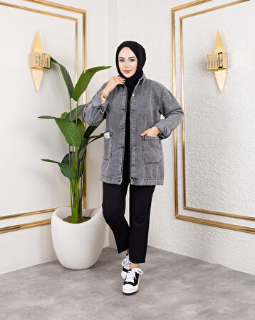 Kadın Cepli Düğmeli Koyu Gri Kot Ceket