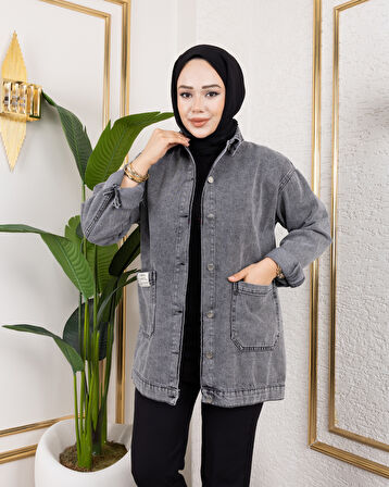 Kadın Cepli Düğmeli Koyu Gri Kot Ceket