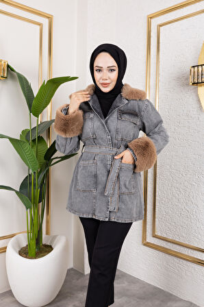 Kadın Kemerli Cepli Kürk Detaylı Kot Siyah Ceket