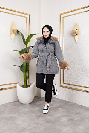 Kadın Kemerli Cepli Kürk Detaylı Kot Siyah Ceket