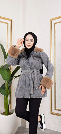 Kadın Kemerli Cepli Kürk Detaylı Kot Siyah Ceket