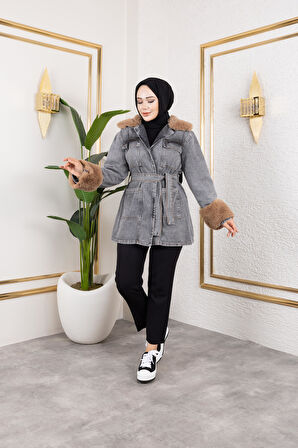 Kadın Kemerli Cepli Kürk Detaylı Kot Siyah Ceket