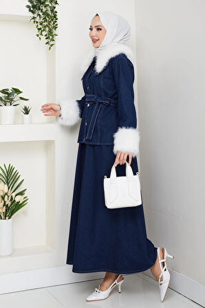 Kadın Peluş Detaylı Kuşaklı Kot Lacivert İkili Takım