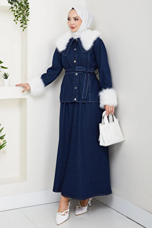 Kadın Peluş Detaylı Kuşaklı Kot Lacivert İkili Takım