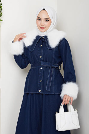 Kadın Peluş Detaylı Kuşaklı Kot Lacivert İkili Takım