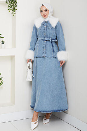 Kadın Peluş Detaylı Kuşaklı Kot Mavi İkili Takım