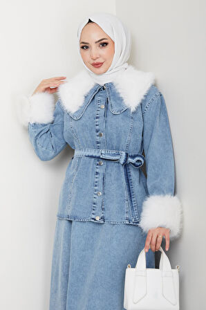 Kadın Peluş Detaylı Kuşaklı Kot Mavi İkili Takım