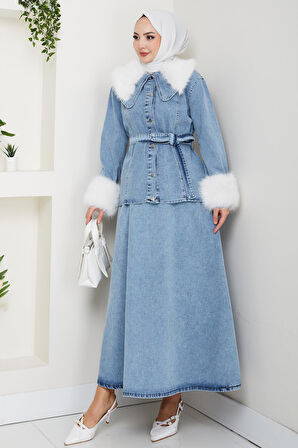 Kadın Peluş Detaylı Kuşaklı Kot Mavi İkili Takım